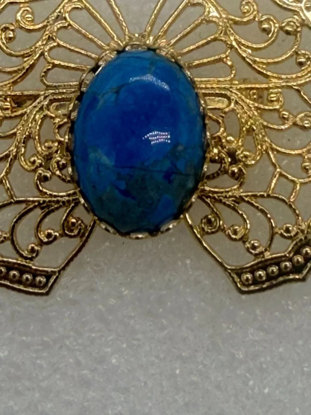 Vintage Gold Tone Filigree Butterfly Brooch Pin with Turquoise Colored Center